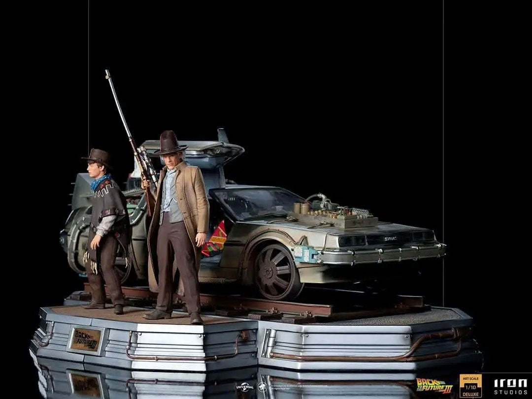 Statue Delorean Full Set Deluxe with two figures Marty and Doc on a silver DeLorean time machine by Iron Studios