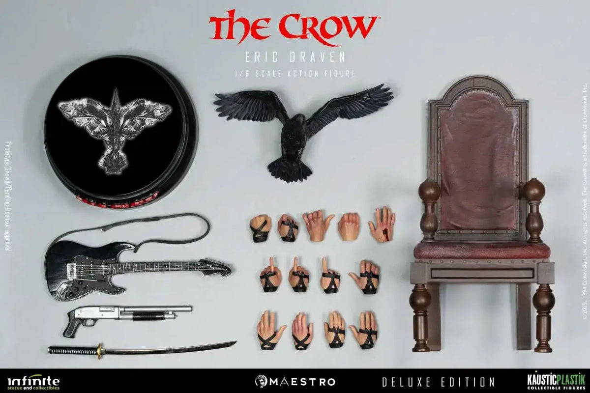 The Crow Eric Draven 1/6 Deluxe Edition action figure by INFINITE STATUE with guitar, pistol, katana, throne, hands.