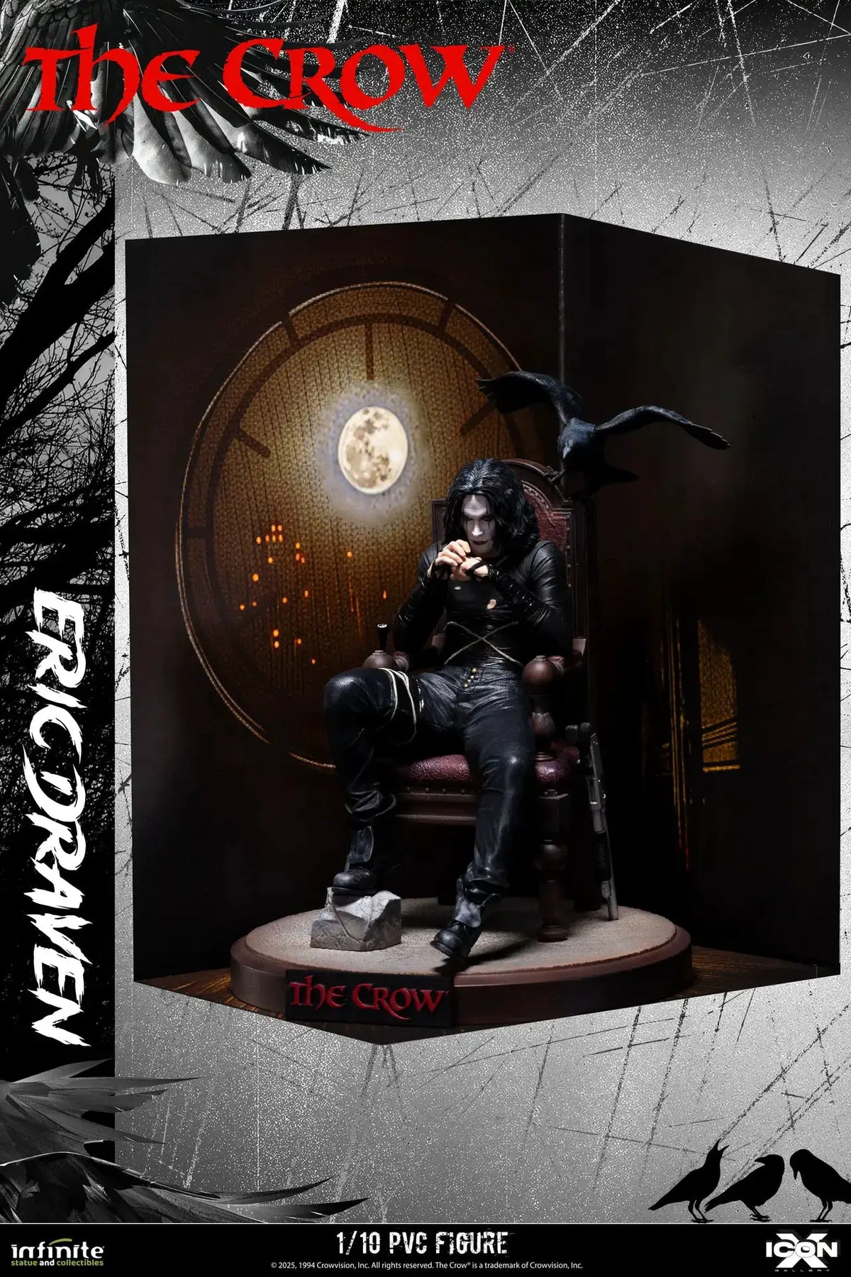 Figura PVC The Crow Eric Draven Icon X 1/10 de Infinite Statue, sentado en trono con cuervo.