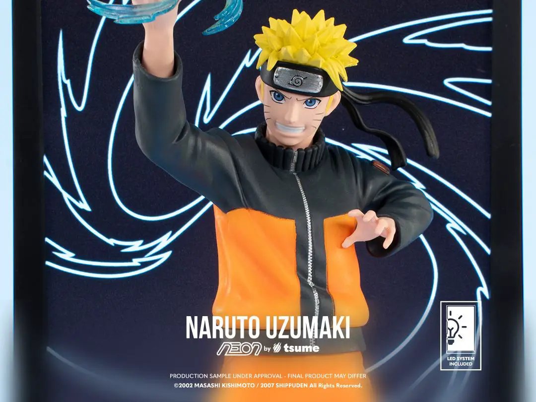 Naruto Uzumaki Neon Figure by TSUME, action figure in orange/black jacket with LED lighting against neon blue backdrop.