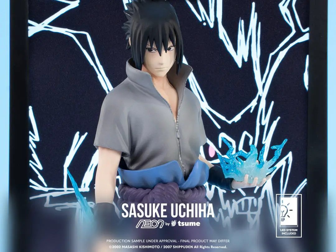 TSUME Sasuke Uchiha Neon Figure 25cm with gray outfit and blue neon energy aura
