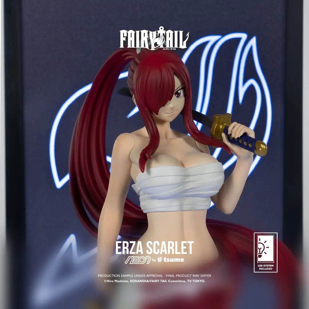 Tsume Erza Scarlet Neon figure, 25 cm tall, red-haired with a white wrapped top, wielding a gold-hilted sword.