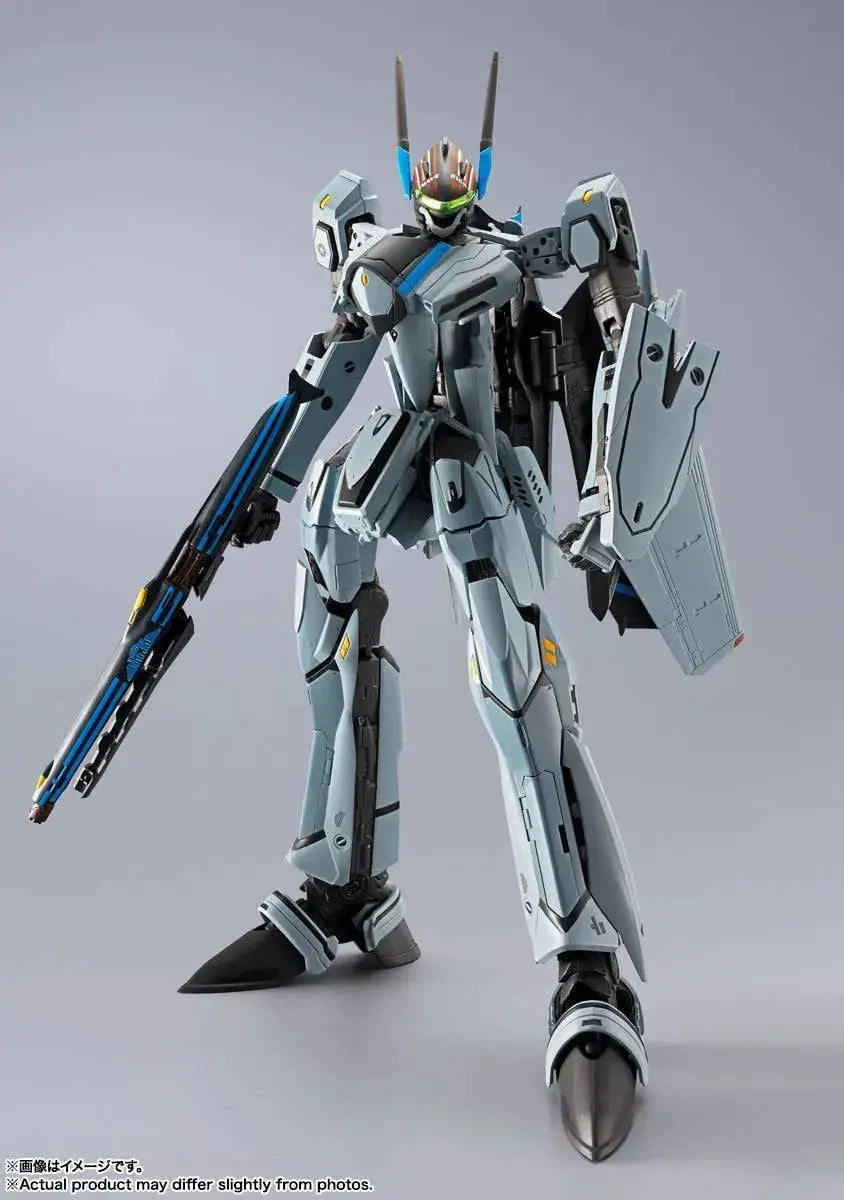 DX Chogokin Macross VF-25 Messiah Valkyrie Top Gun Maverick by Bandai, blue-gray armored mecha with rifle and shield