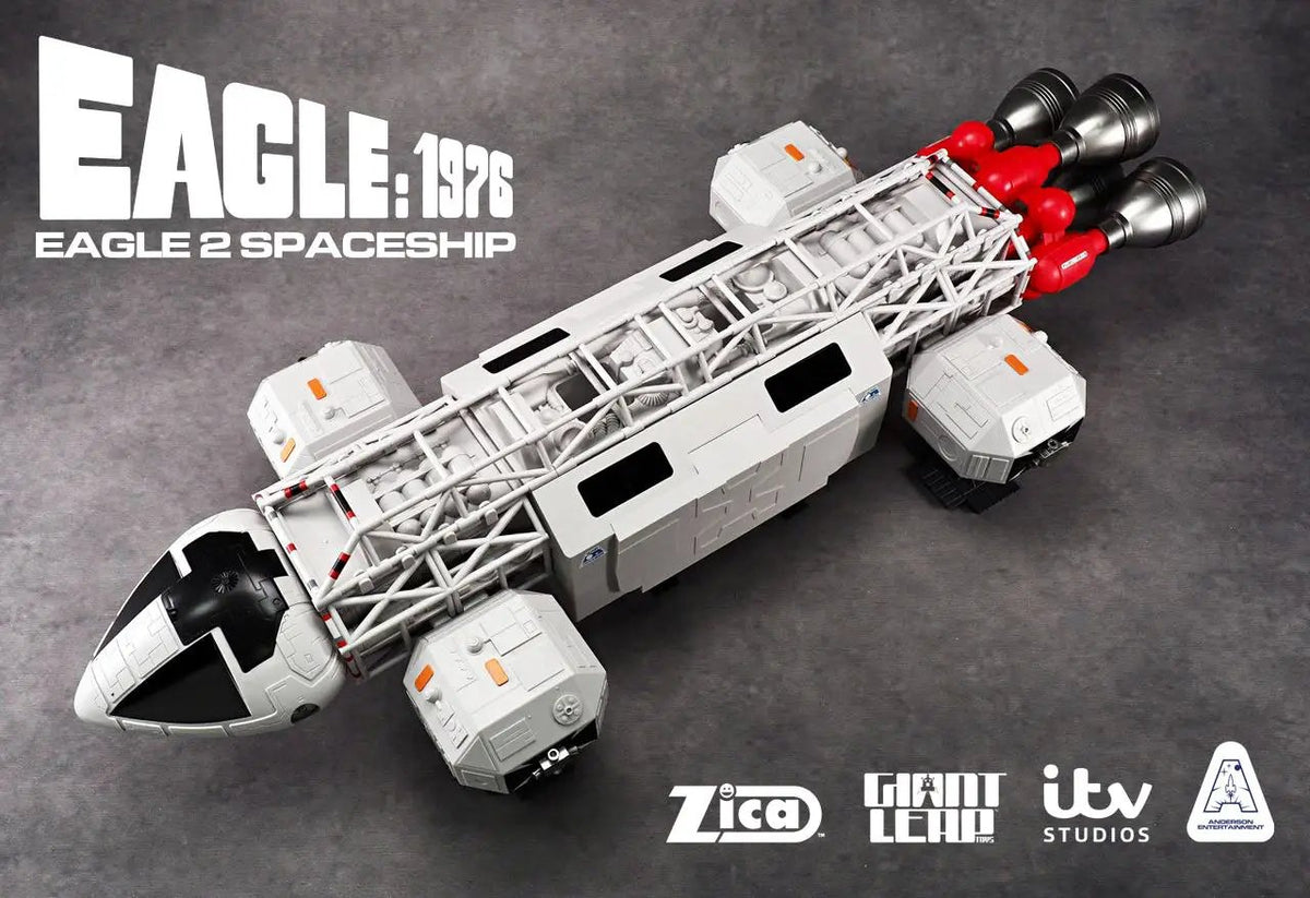 Space 1999 Eagle 1976 Retro Mattel Playset by Zico Toys; white lattice spaceship with black cockpit and red engines.