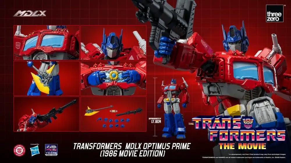 Figura de acción MDLX Optimus Prime (1986 Movie Edition) de THREE ZERO, 18 cm, en rojo y azul.