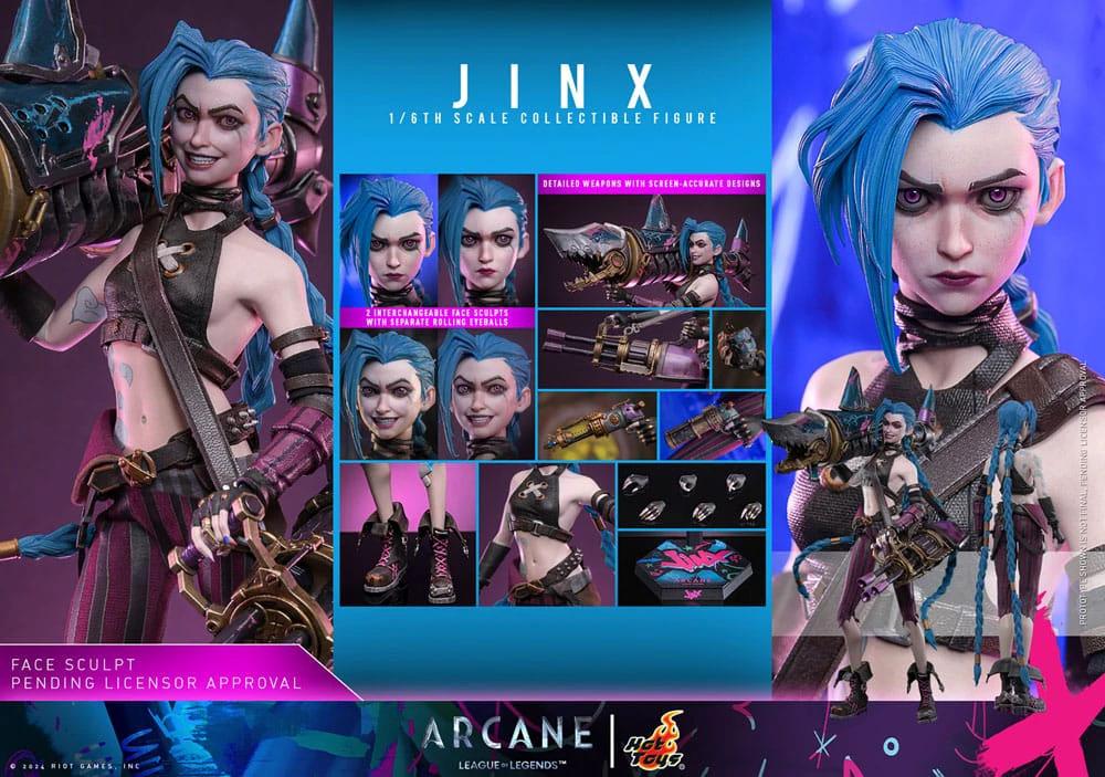 Arcane Jinx 1/6 scale action figure by HOT TOYS, 27 cm, blue-haired figure in purple-black outfit with weapons.