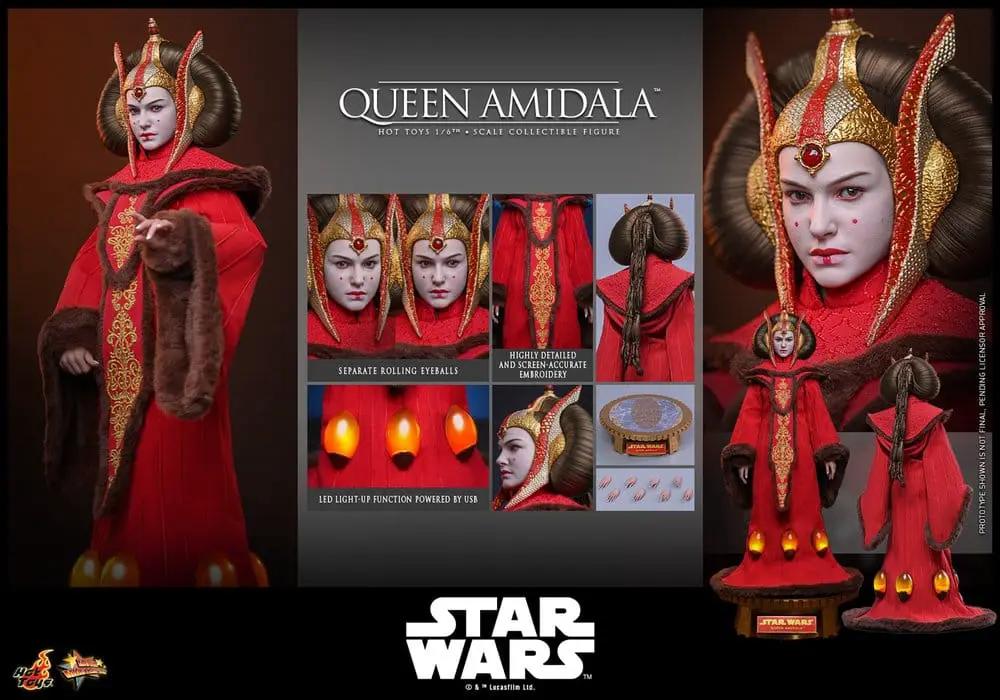 Queen Amidala 1/6 scale action figure by HOT TOYS, 28 cm, red gown with ornate headpiece.