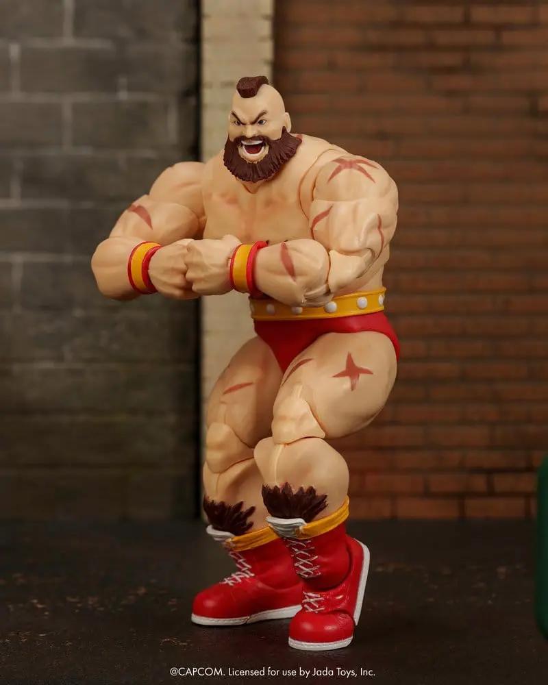 Zangief action figure by Jada Toys, 1/12 scale, 18 cm tall, muscular with red trunks, boots and yellow belt.