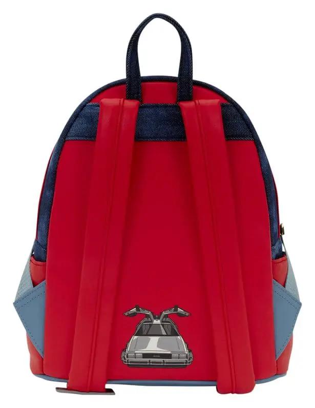 Mochila mini Loungefly Regreso al Futuro roja con detalles azul marino y gráfico de DeLorean