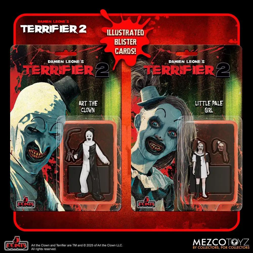 Terrifier 2 5 Points action figures, 10 cm, assorted 2-pack featuring Art the Clown and Little Pale Girl by Mezco Toys