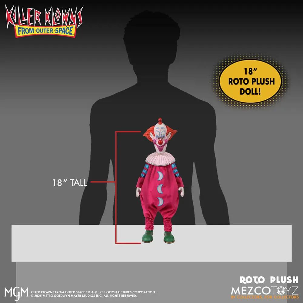 Killer Klowns from Outer Space MDS Roto Slim 46 cm plush doll by Mezco Toys; pink clown jumpsuit with blue sleeves.
