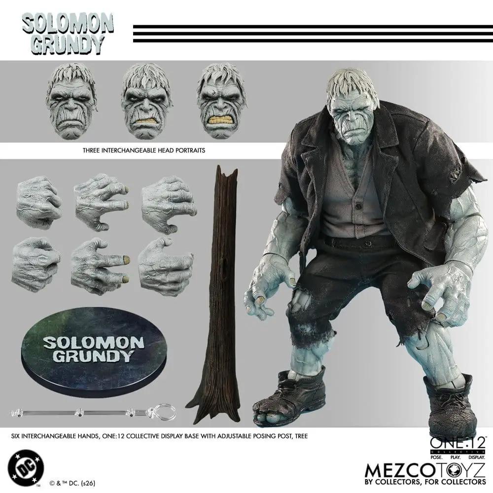 Figura de acción Solomon Grundy One:12 de Mezco Toys, DC Comics, con cabezas y manos intercambiables y base de exhibición