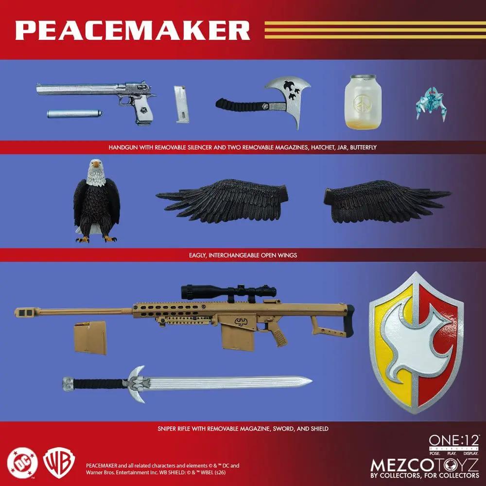 DC Peacemaker 1/12 action figure by Mezco Toys with rifle, sword, shield and wings accessory set