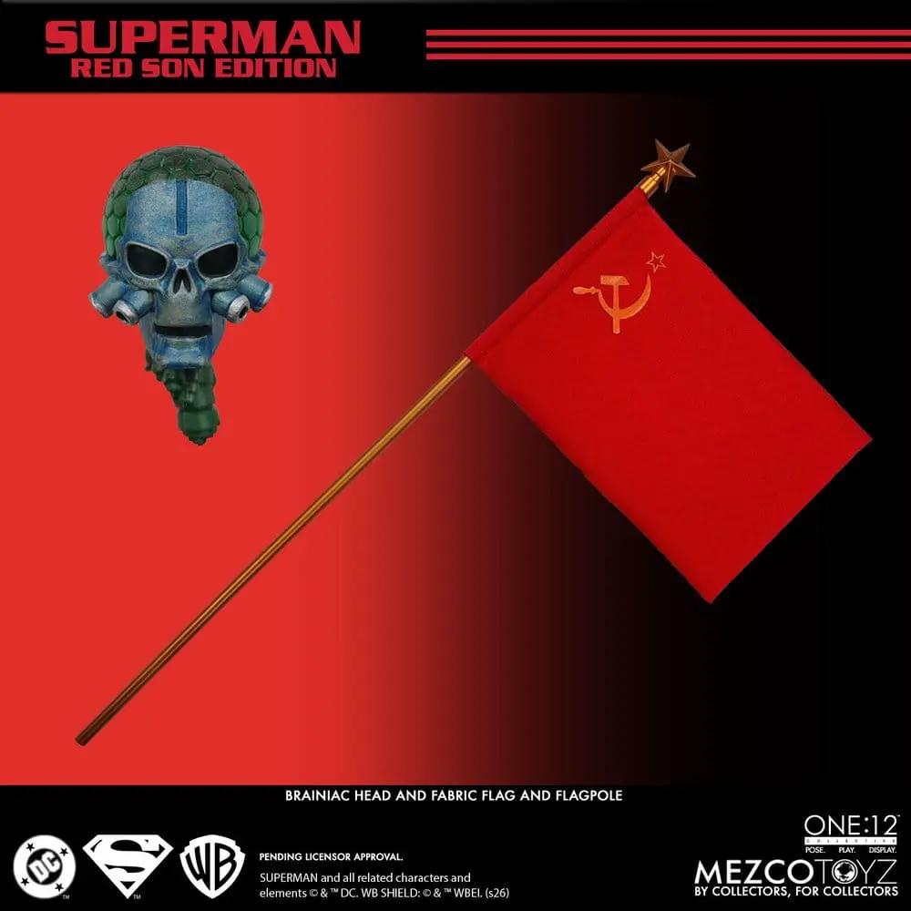 Figura de acción Mezco Toys One:12 Collective Superman Red Son Edition, 17 cm; cabeza Brainiac y bandera roja