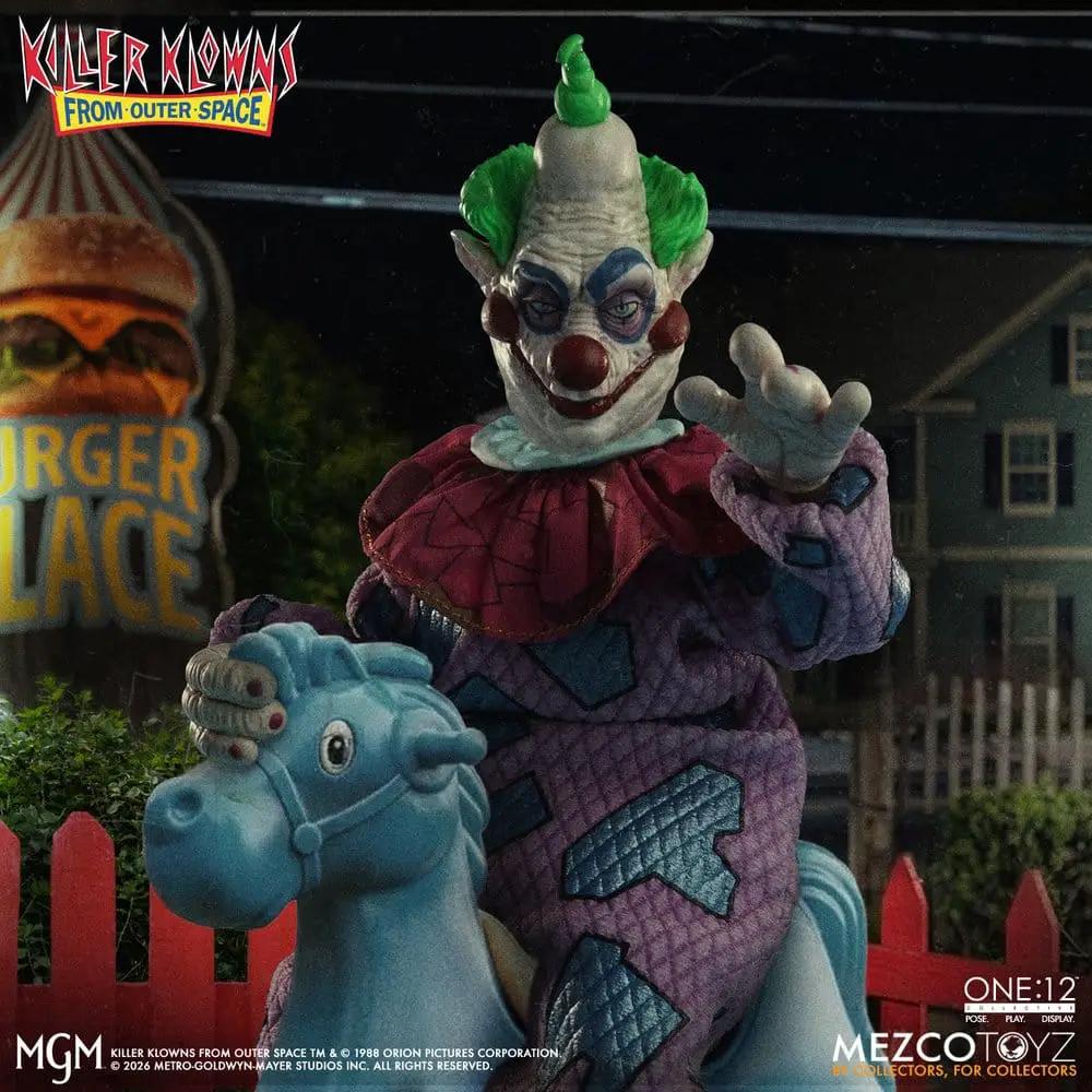 Figura One:12 Collective Killer Klowns From Outer Space action figure riding a blue horse, MEZCO TOYS.
