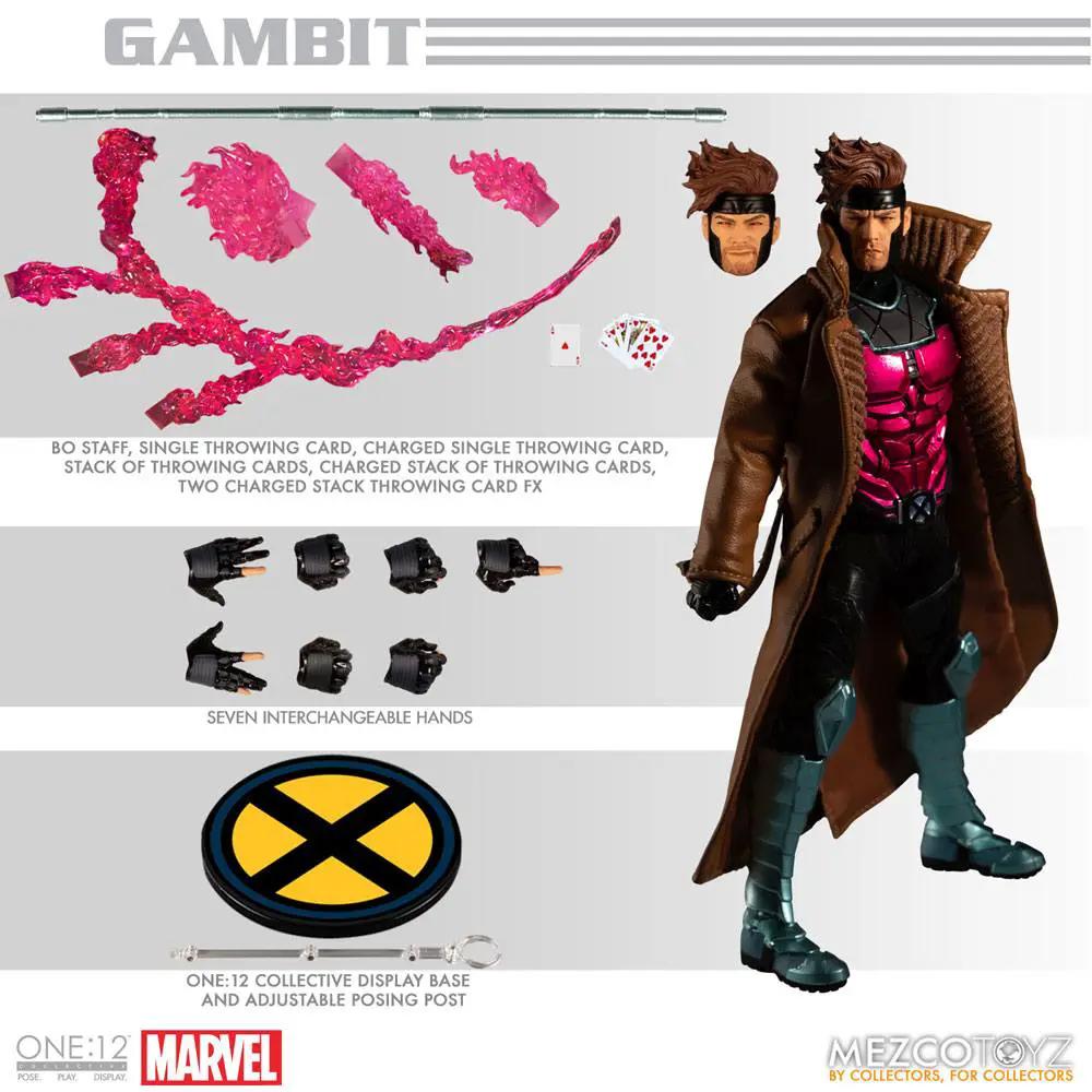 Gambit 1/12 scale action figure by Mezco Toys with staff, power effects, cards, seven interchangeable hands, base.
