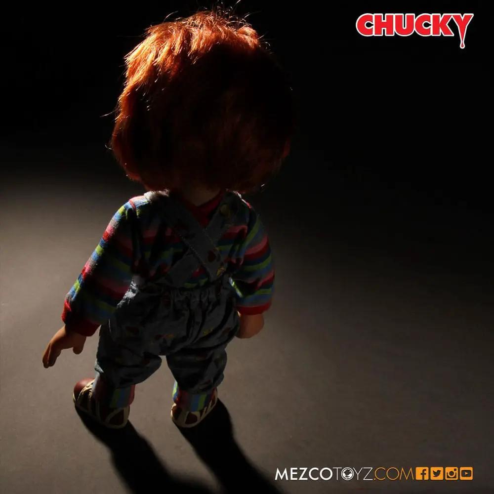 Muñeca Chucky diabólico de MEZCO TOYS, 38 cm, vista trasera con overol a rayas y cabello naranja