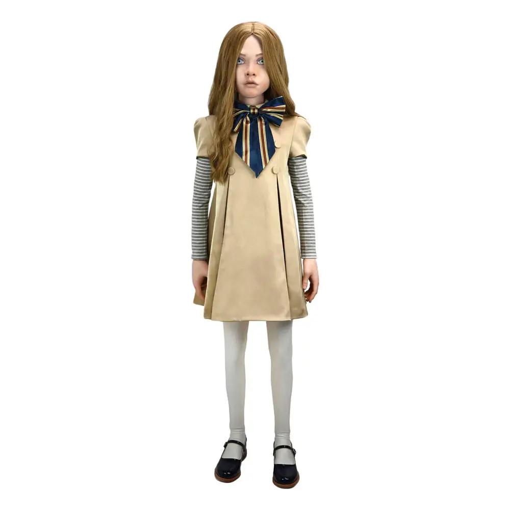 Megan doll 1:1 life-size NECA figure in beige dress with striped sleeves, blue bow, white tights, black Mary Jane shoes