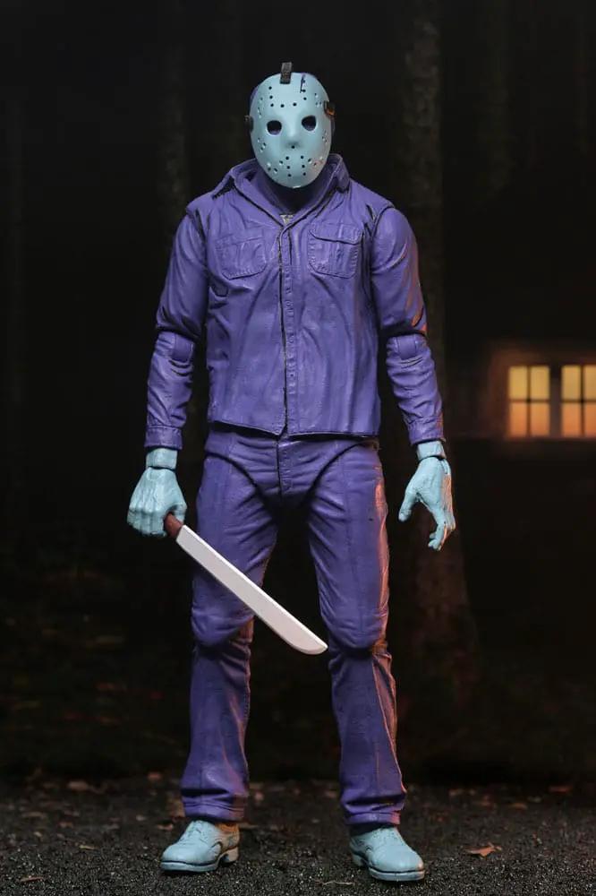 Figura de acción NECA Viernes 13 Jason Theme Music Edition, 18 cm, traje púrpura, máscara azul, machete blanco