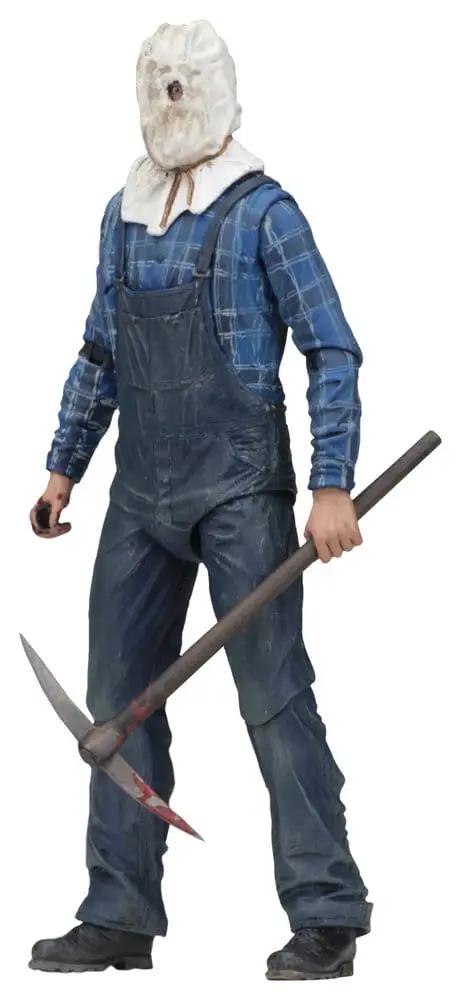 NECA Jason action figure, 18 cm, Friday the 13th Part 2; blue plaid shirt, overalls, white mask, with long pickaxe