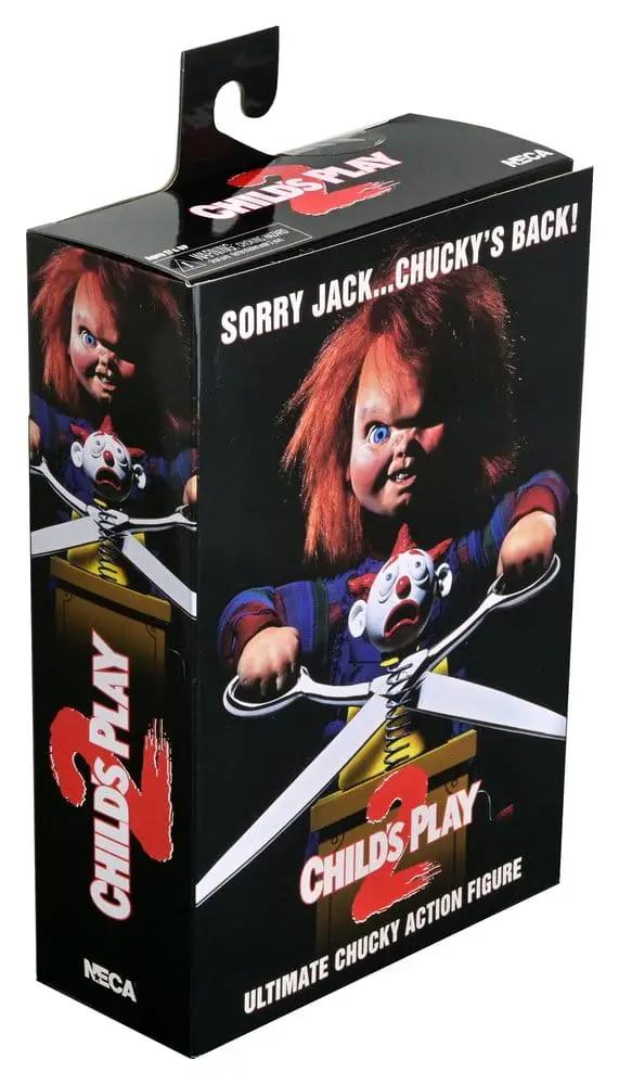 Figura de acción NECA Chucky Ultimate 18 cm en caja promocional de Child's Play 2, detalle gráfico del personaje