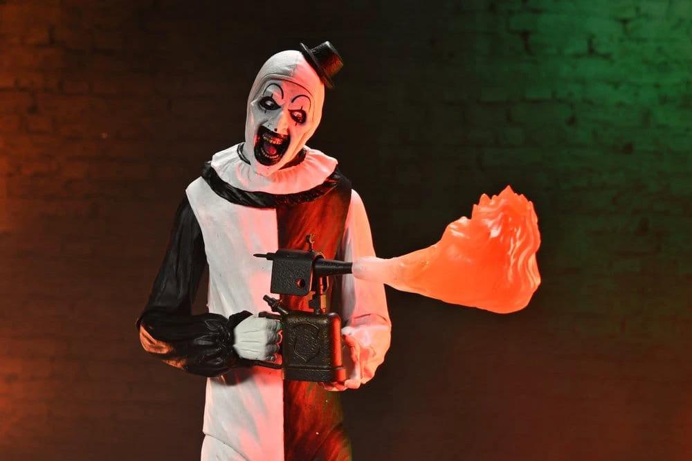 NECA Terrifier 2 two-pack action figures: Art the Clown and Little Pale Girl, 18 cm tall, with flame effect accessory