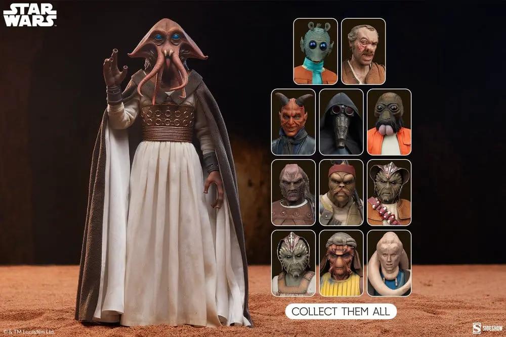 Star Wars 1/6 Tessek action figure, 32 cm, by Sideshow Collectibles; white robe with brown cape and grid of alien heads