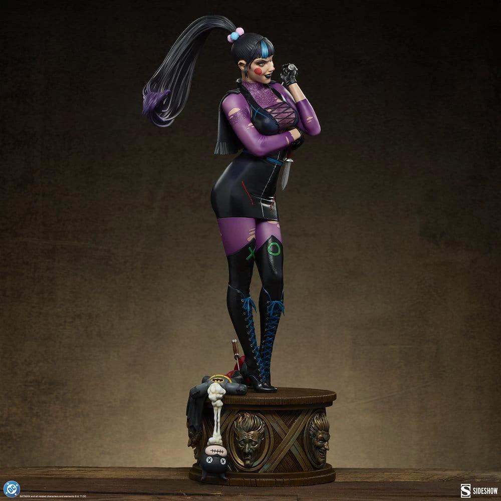 Punchline Premium Format statue by Sideshow Collectibles, DC Comics; 55 cm tall, purple and black outfit on round base.