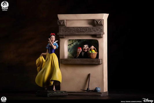 Snow White 1:5 statue Deluxe by Premium Collectibles Studio; yellow-dress Snow White with witch by fireplace diorama.