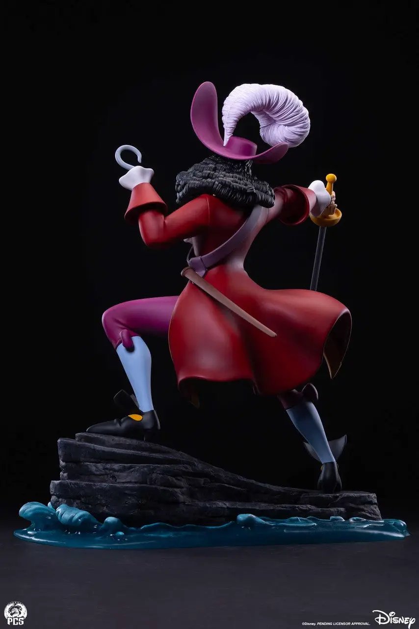 Captain Hook 1:5 scale statue by Premium Collectibles Studio; red coat, purple hat with plume, sword, hook, rocky base.