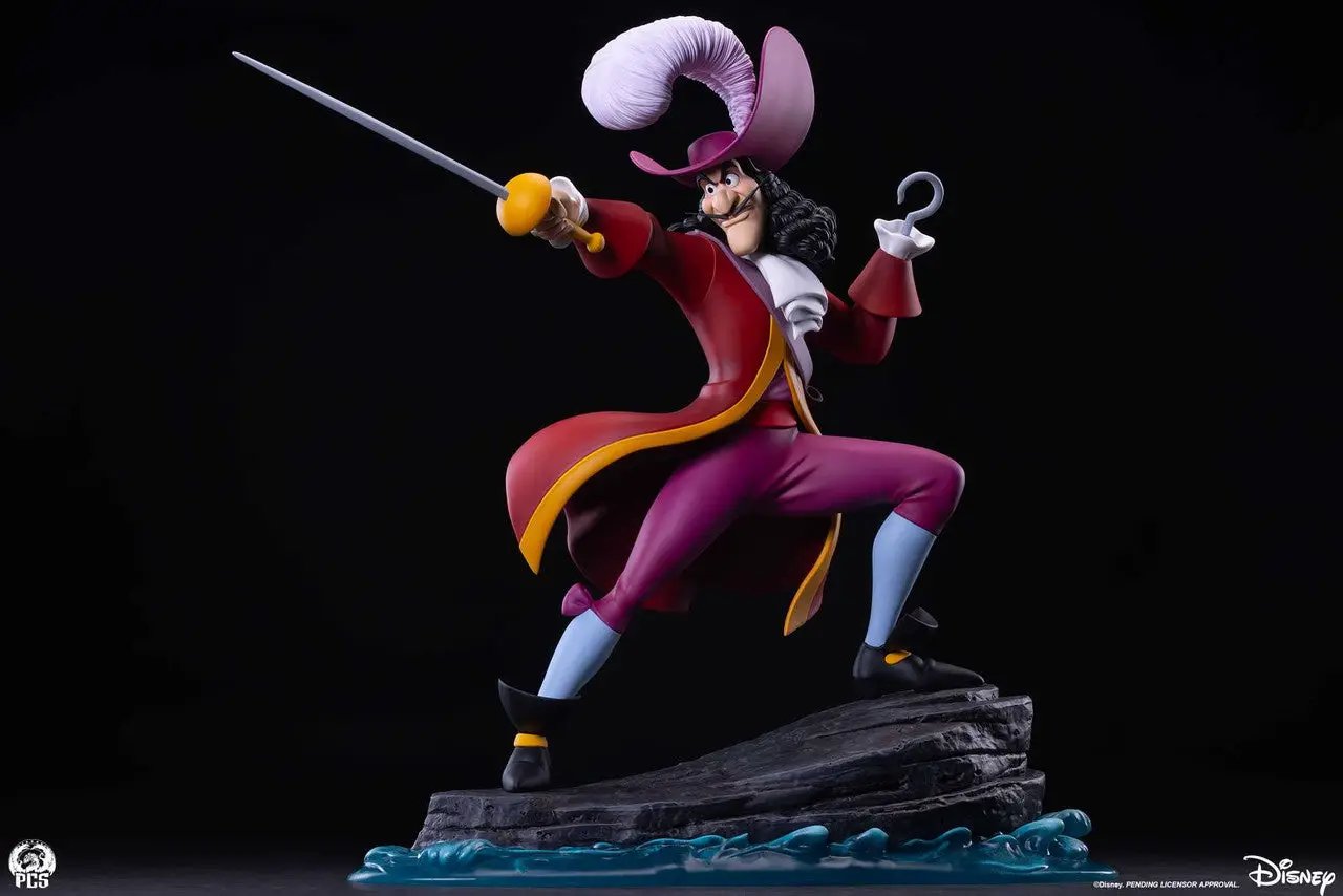 Captain Hook 1:5 scale statue by Premium Collectibles Studio, Disney logo, red coat with yellow sash and purple pants.