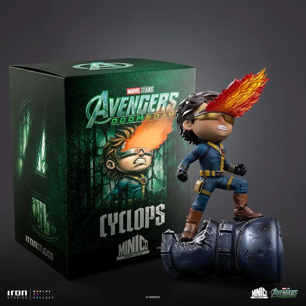 Statue Cyclops Minico by Iron Studios from Avengers: Doomsday; blue suit, fiery optic blast, standing on wrecked helmet.