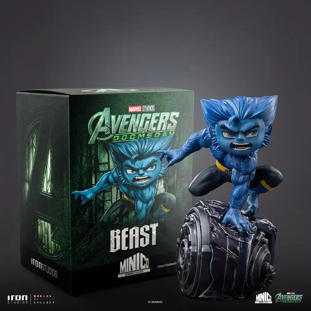 Statue Beast from Avengers: Doomsday by Iron Studios Minico; blue muscular figure perched on a metallic pedestal.