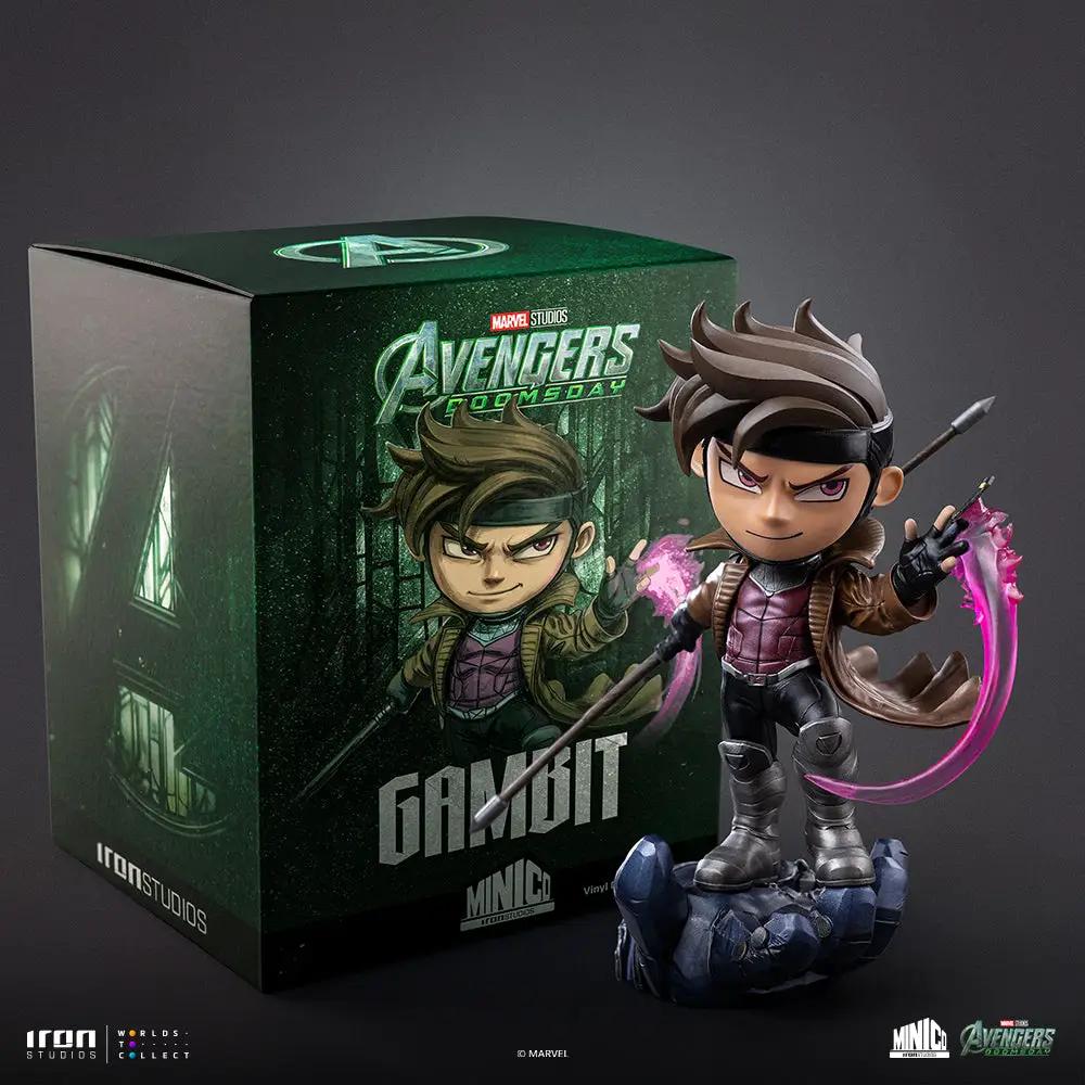 Statue Gambit Minico vinyl figure by Iron Studios; chibi Gambit in brown coat with purple energy on staff.