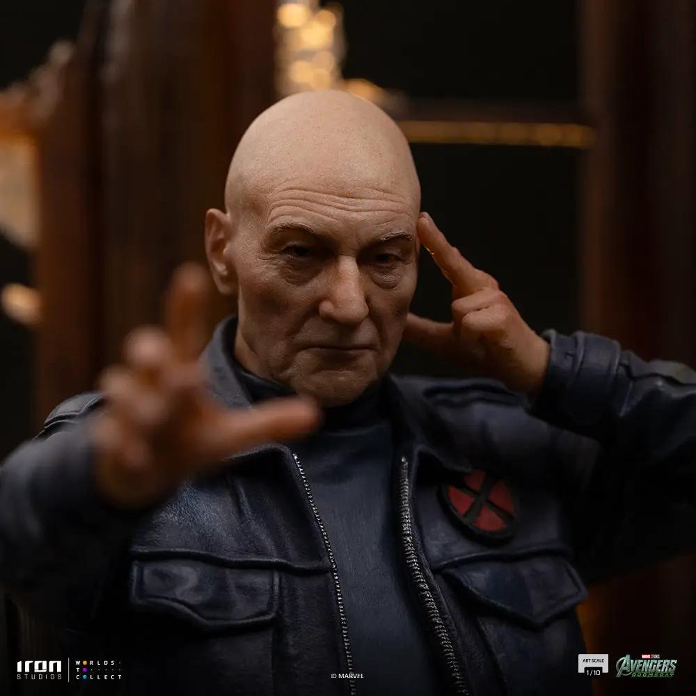 Statue of Professor Xavier figure, 1/10 scale, Iron Studios, in a dark blue jacket with the X-Men emblem patch.