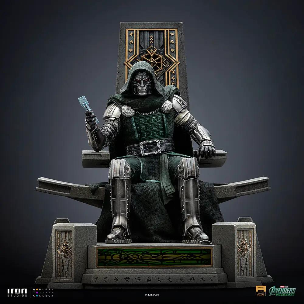 Statue of Doctor Doom on Throne by Iron Studios, Avengers: Doomsday, 1/10 scale, green cloak and silver armor.