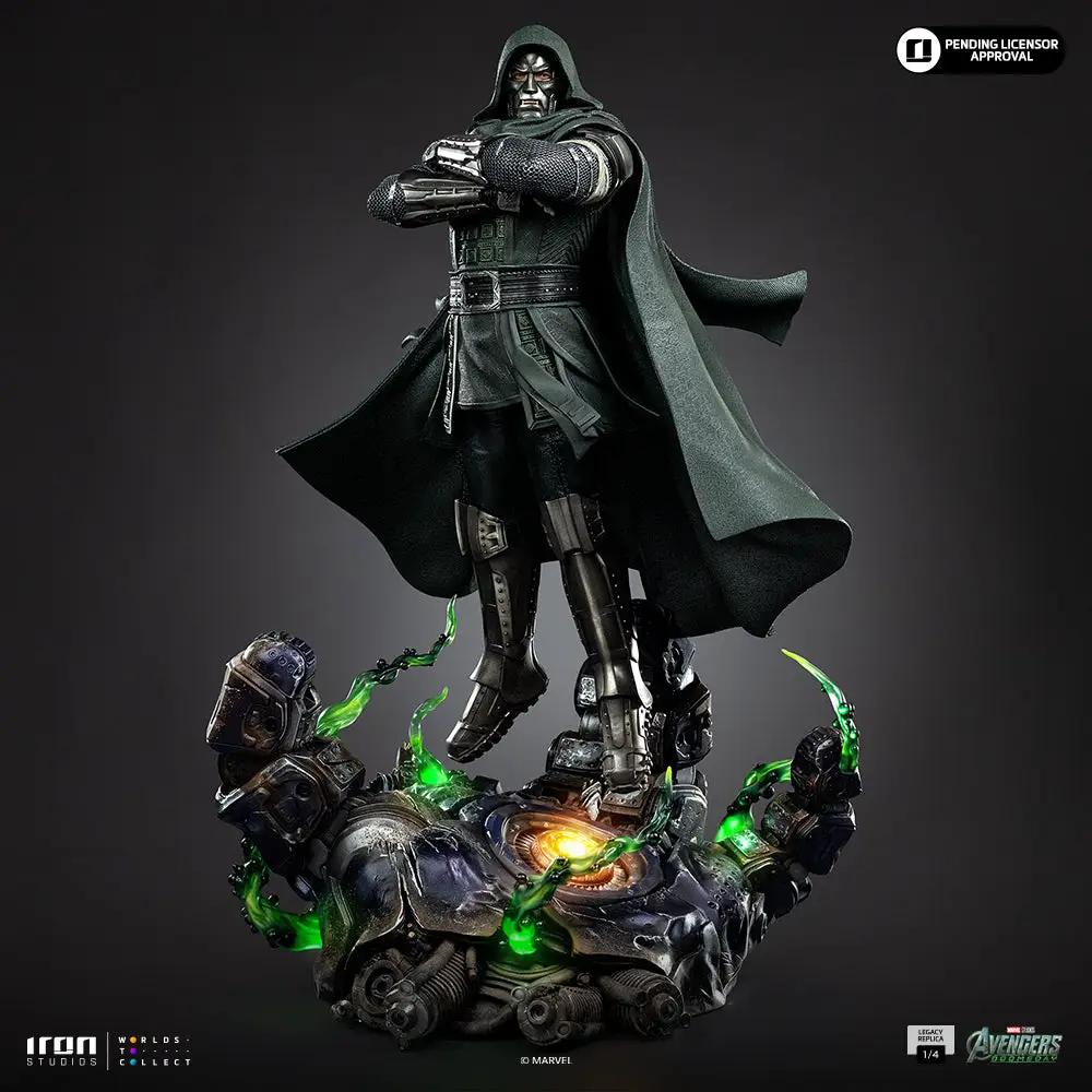 Doctor Doom statue by Iron Studios, 1/4 scale, standing on a mechanical base with green energy.