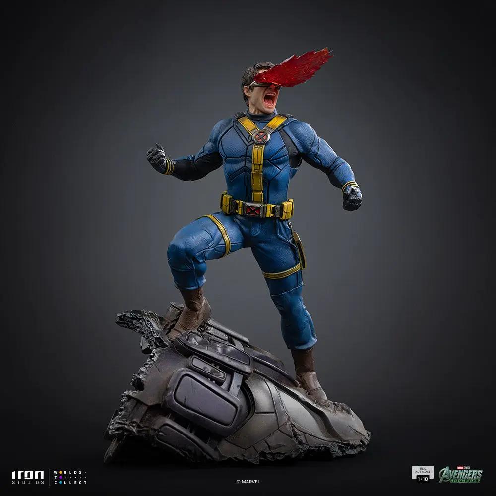 Statue Cyclops from Avengers: Doomsday, 1/10 scale, blue and yellow suit by Iron Studios, standing on a rocky base