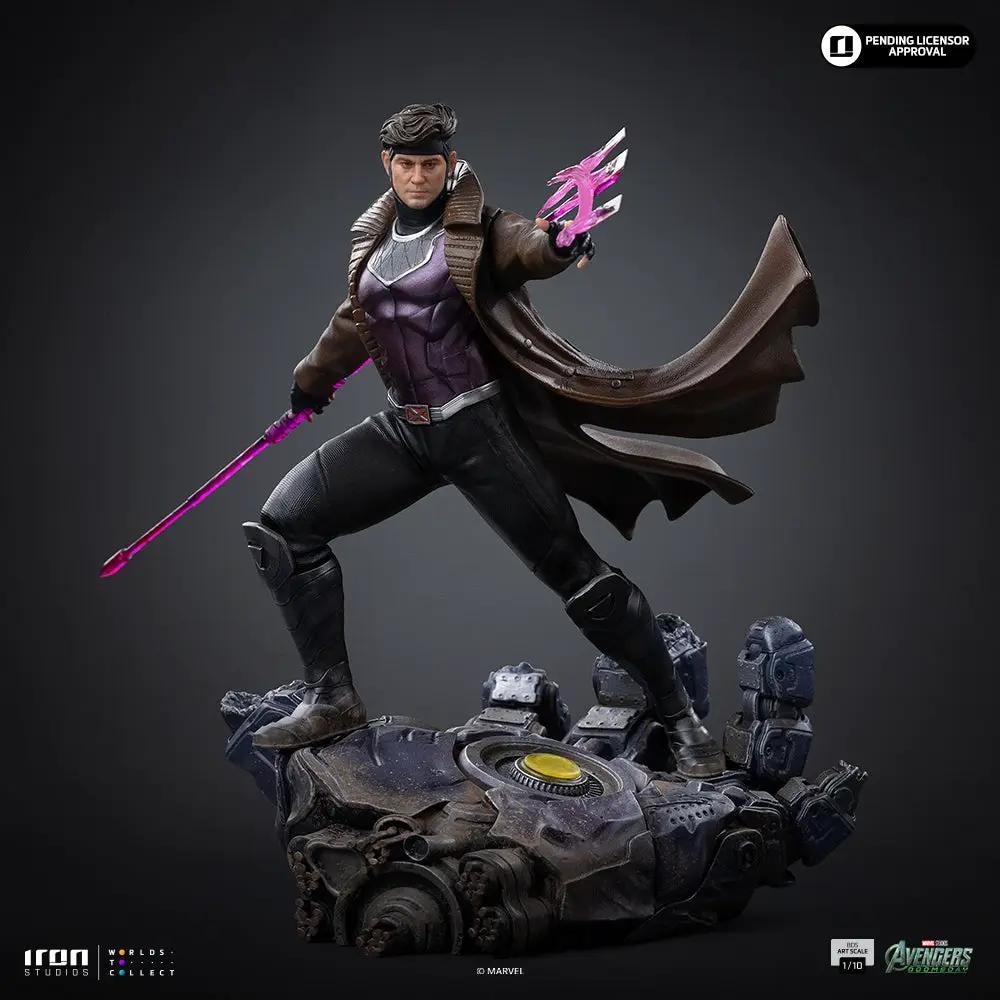 Gambit statue by Iron Studios, Avengers: Doomsday, 1/10 scale, on a ruined base with purple energy blades.