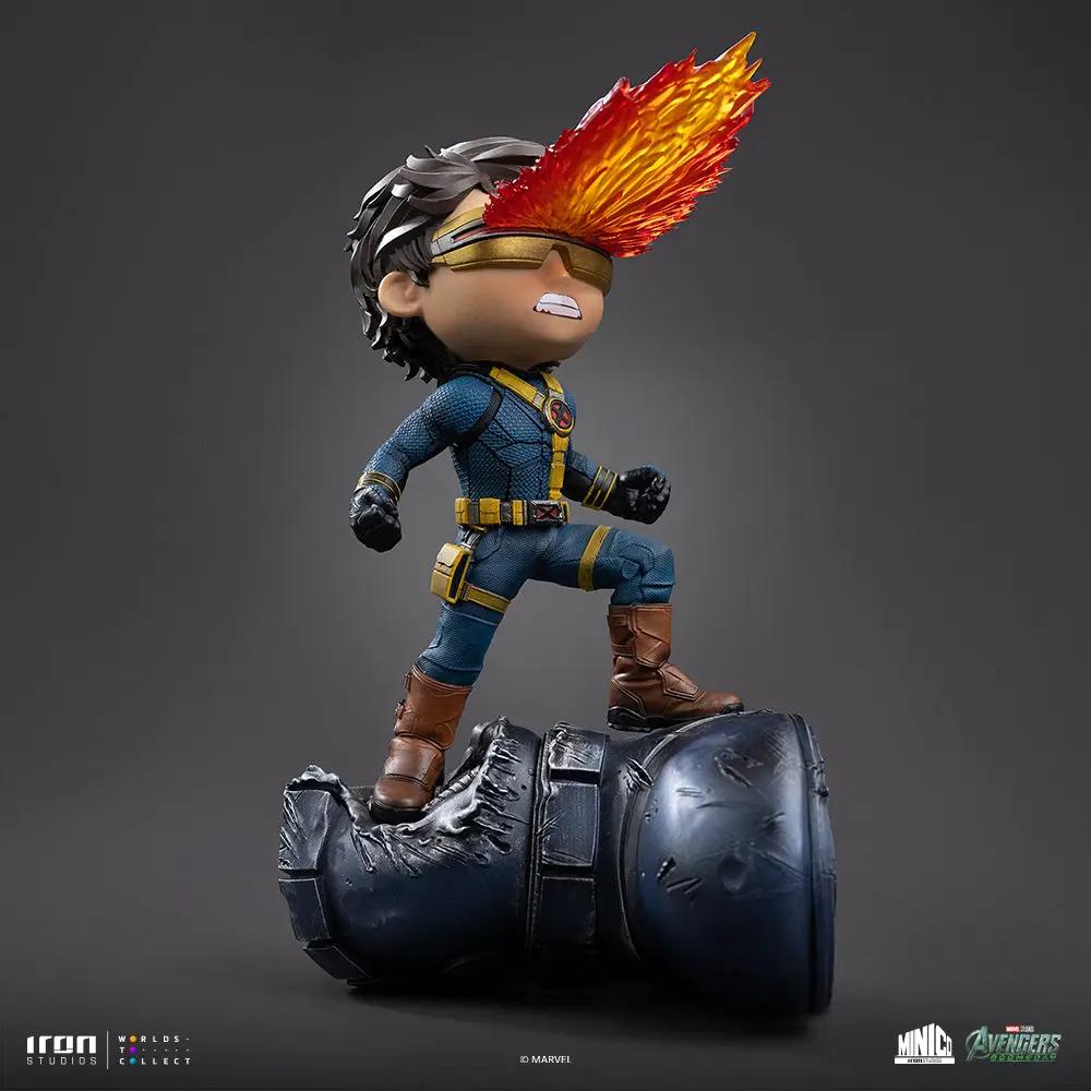 Statue Cyclops by Iron Studios Minico, blue suit with yellow straps, fiery optic blast on a damaged base