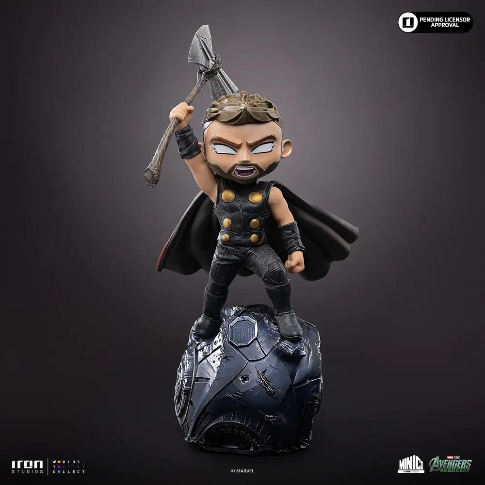Statue Thor Minico by Iron Studios; chibi Thor in black armor with cape, raised axe on rocky base.