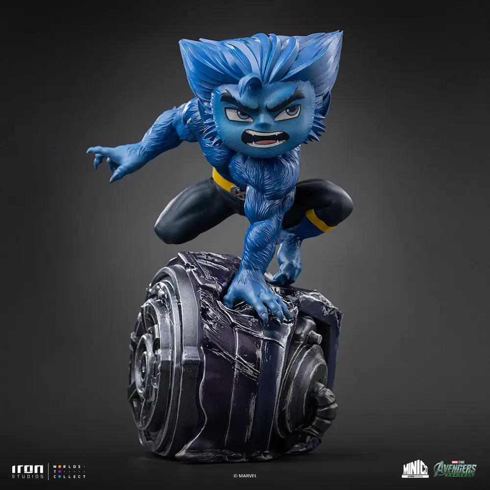 Beast statue from Avengers: Doomsday by Iron Studios Minico, blue fur figure perched on a damaged metallic base.