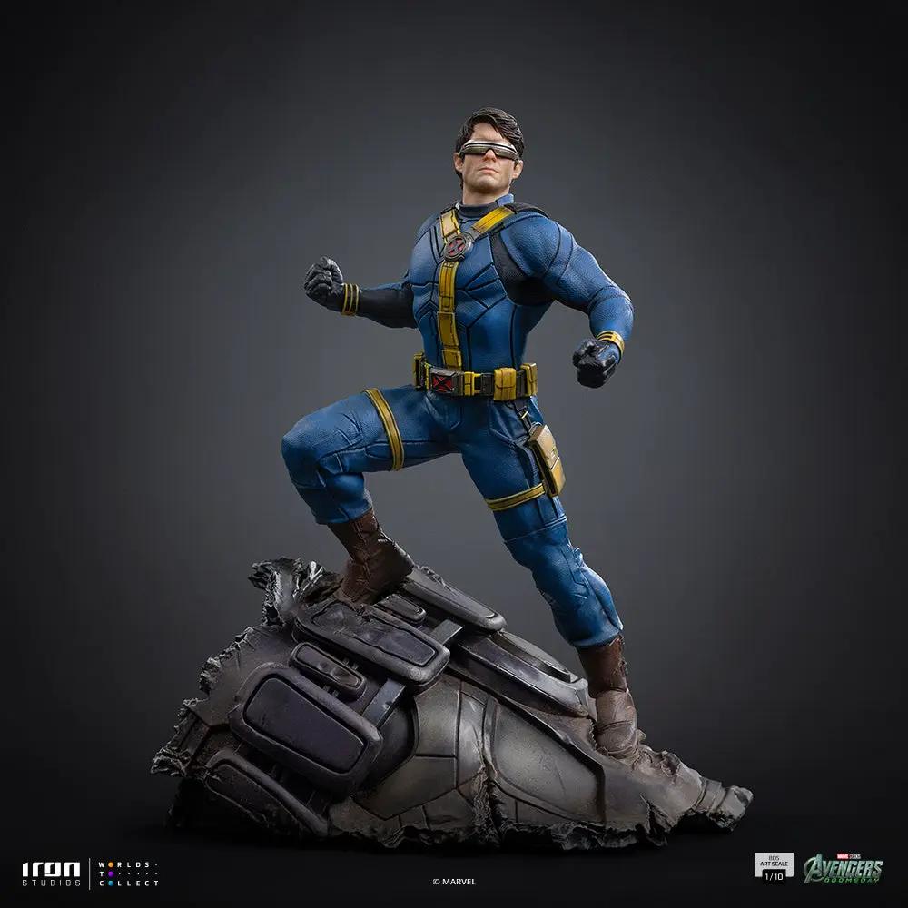 Statue Cyclops by Iron Studios on a rocky pedestal; blue suit with yellow harness, 1/10 BDS Art Scale
