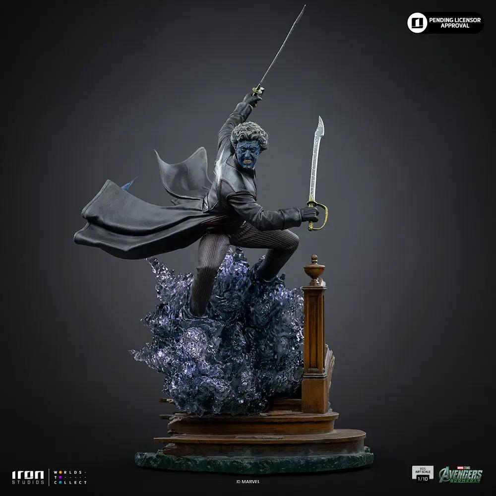 Nightcrawler statue by Iron Studios, BDS Art Scale 1/10; blue mutant in cape with twin swords atop rocky pedestal.