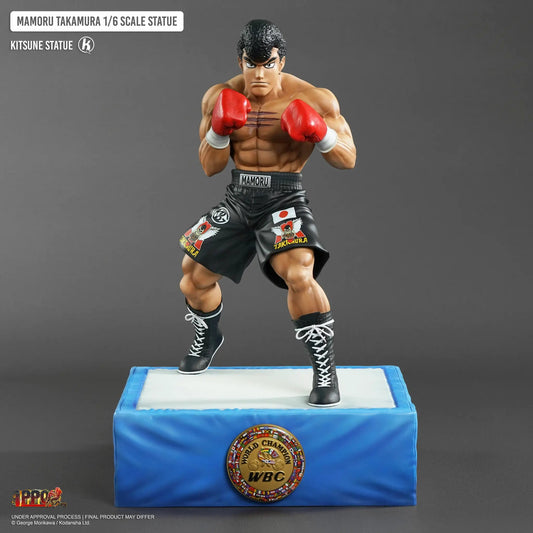 KITSUNE Takamura 1/6 scale boxing statue, 34 cm, red gloves and black shorts on a blue display base