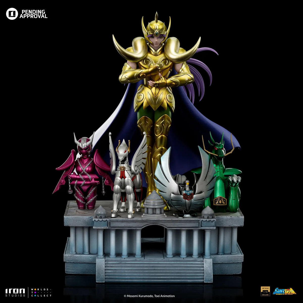 Statue Aries Mu Saint Seiya Deluxe Art Scale 1/10 by Iron Studios; gold armored figure with purple cape.