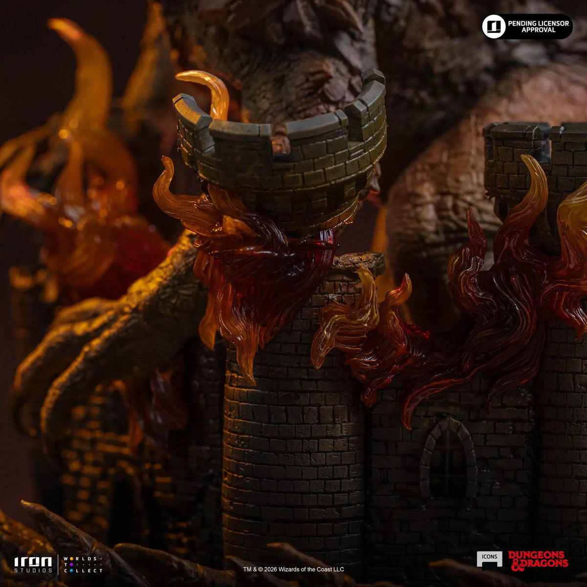 Statue Tarrasque from Dungeons & Dragons Icons by Iron Studios, dark brick textures with orange flame accents.
