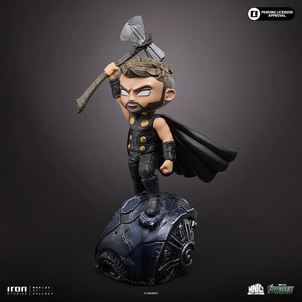 Statue Thor Minico by Iron Studios; chibi-style Thor in black armor with cape, hammer raised on a detailed metallic base