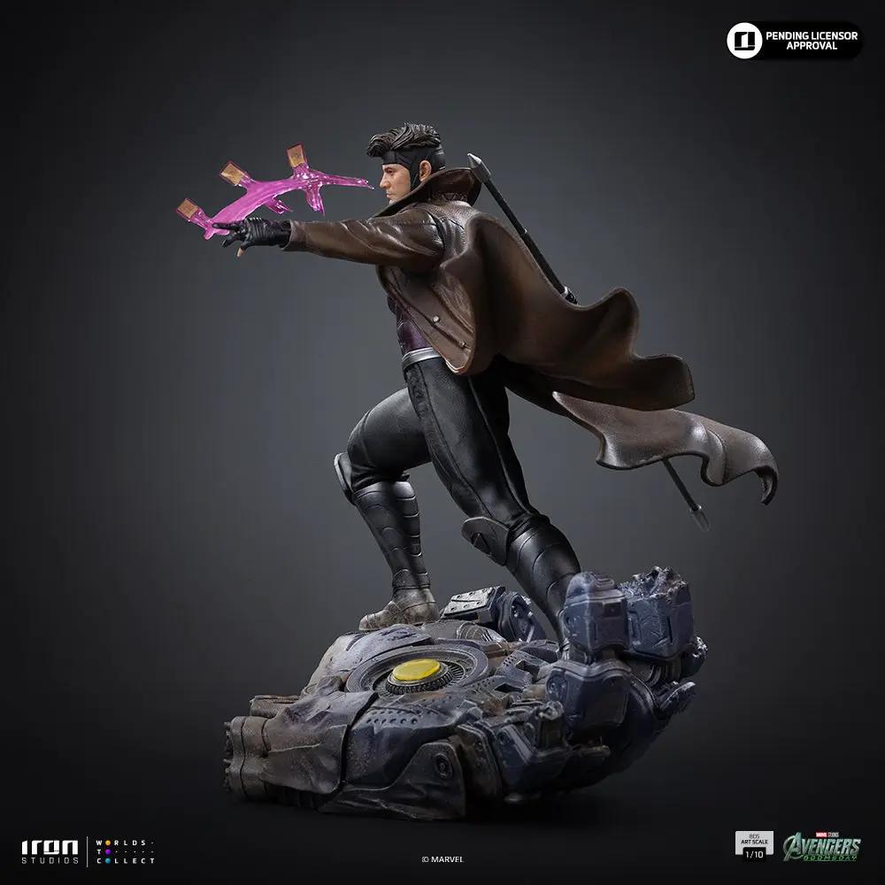 Statue Gambit from Avengers: Doomsday by Iron Studios, 1/10 scale, brown coat, pink energy cards on base.