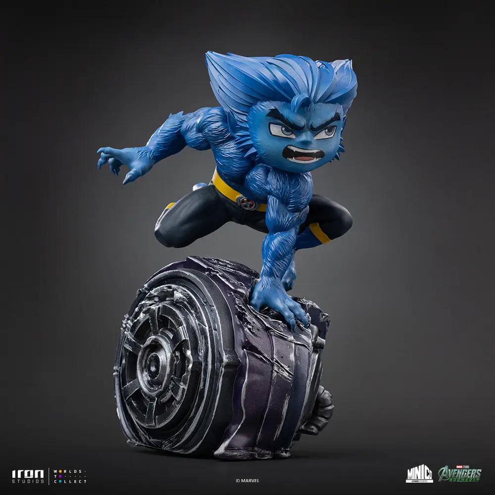 Statue Beast figure by Iron Studios; blue Avengers: Doomsday character on a damaged metallic base.